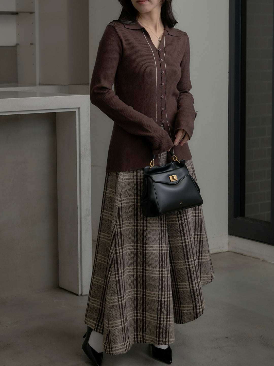 【SET】リブ配色ラインポロニットカーディガン+【Essential】クラシカルチェックウールタッチスカート(2set)