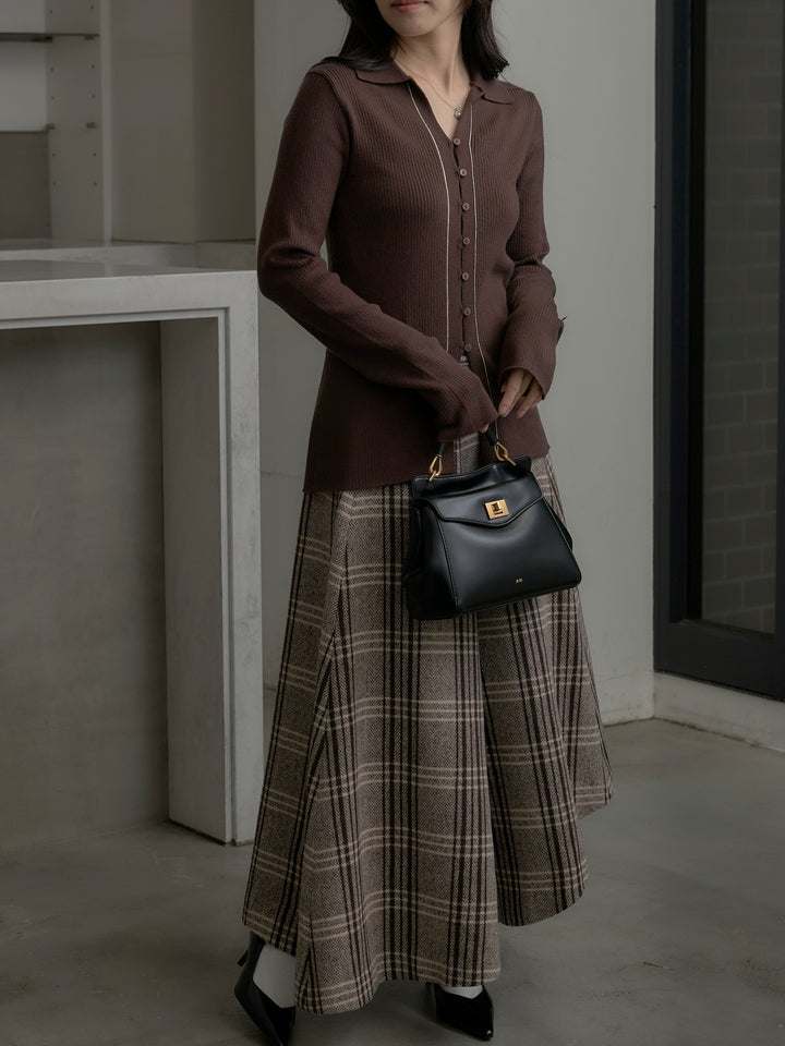 【SET】リブ配色ラインポロニットカーディガン+【Essential】クラシカルチェックウールタッチスカート(2set)