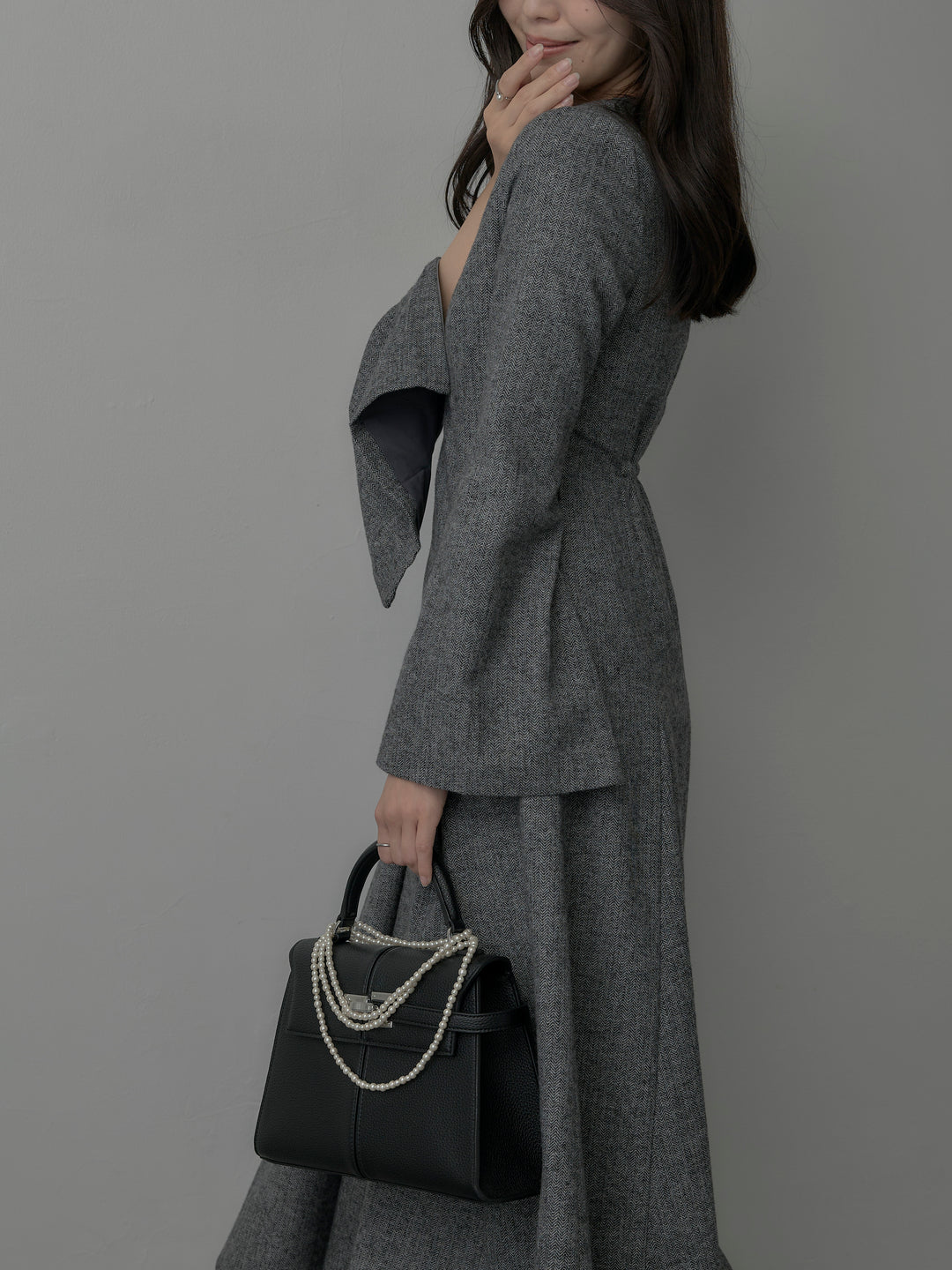 【Essential】2wayスリーブヘリンボーンフレアワンピース