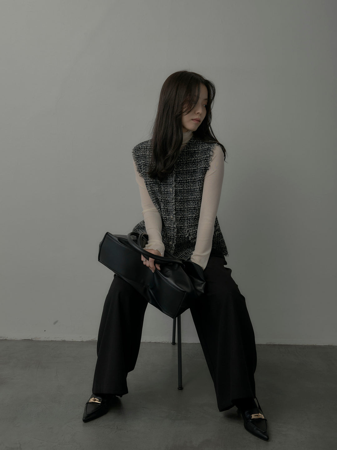 【SET】ツイードフリンジベスト+メロウフリルシアートップス+【ロープベルト付属】ウールタッチワイドパンツ(3set)