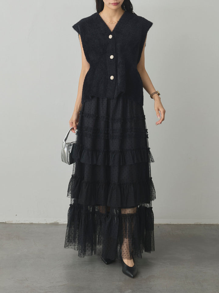 【SET】シャギーニットペプラムベスト+ドットチュールティアードスカート(2set)