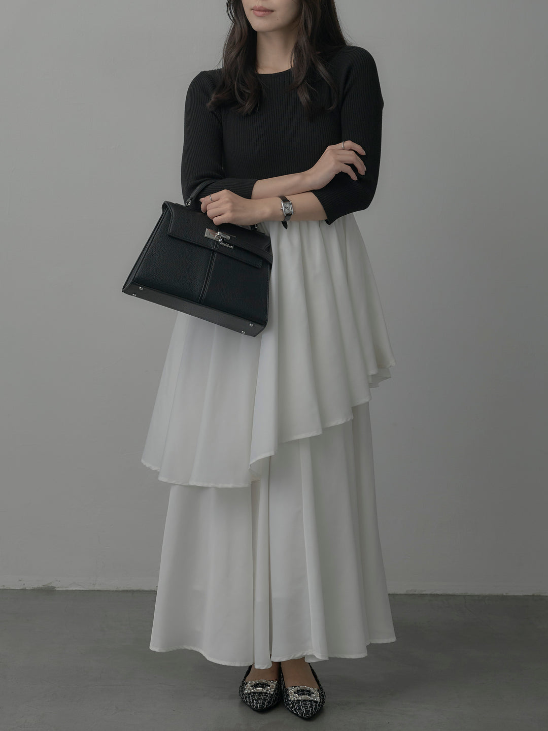 【Essential】7部袖リブドッキングワンピース