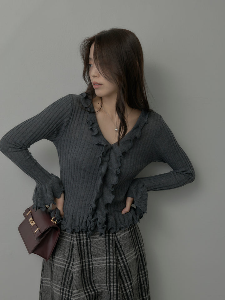 【SET】Vネックフリルデザインニットトップス+【Essential】クラシカルチェックウールタッチスカート(2set)