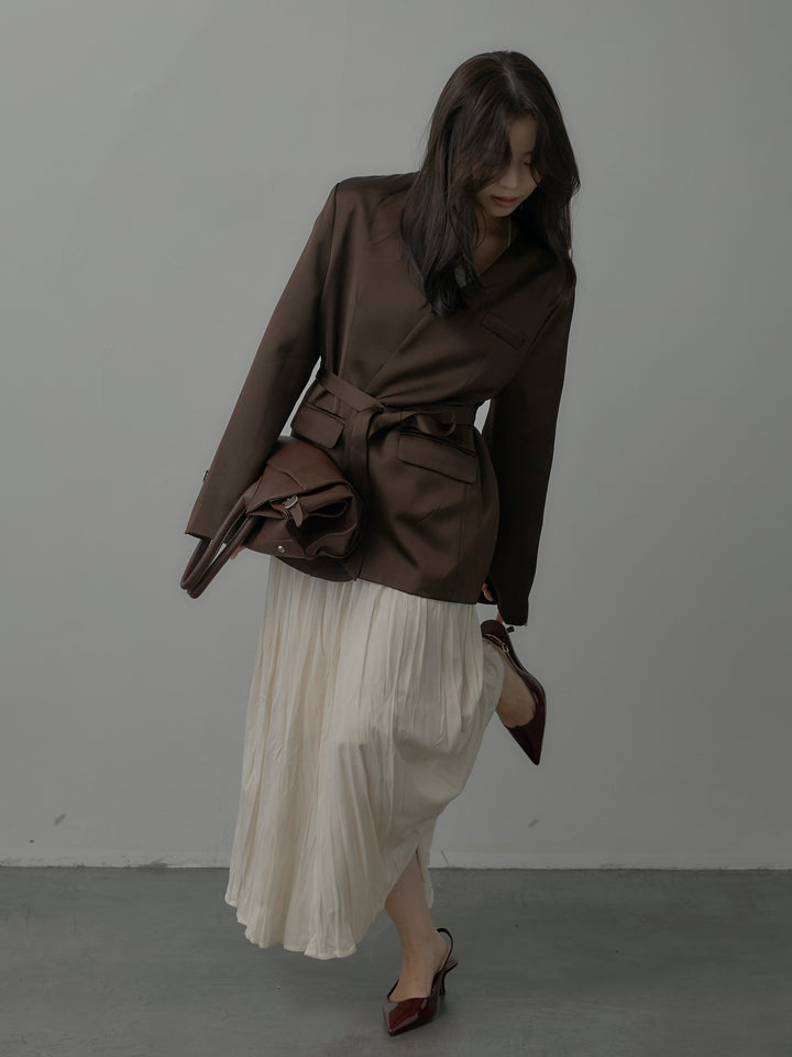 【SET】ノーカラーサテンジャケット+ベロアワッシャープリーツスカート(2set)