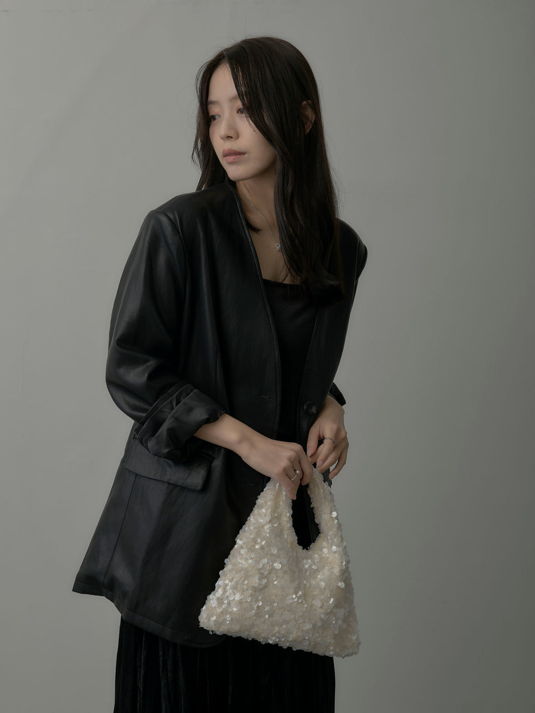 【SET】レザーノーカラージャケット+ベロアワッシャープリーツスカート(2set)