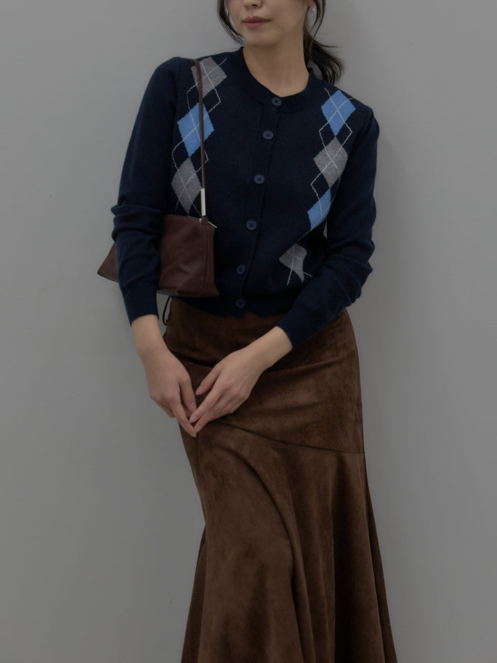 【SET】アーガイル柄ニットカーディガン+スウェードフレアスカート(2set)