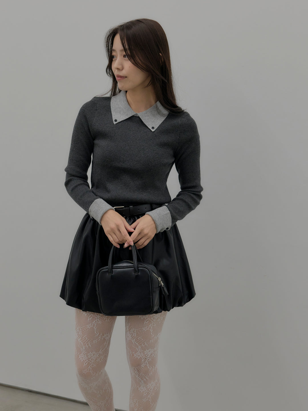 【SET】配色カフスニットポロ+ソフトレザーバルーンミニスカート(2set)