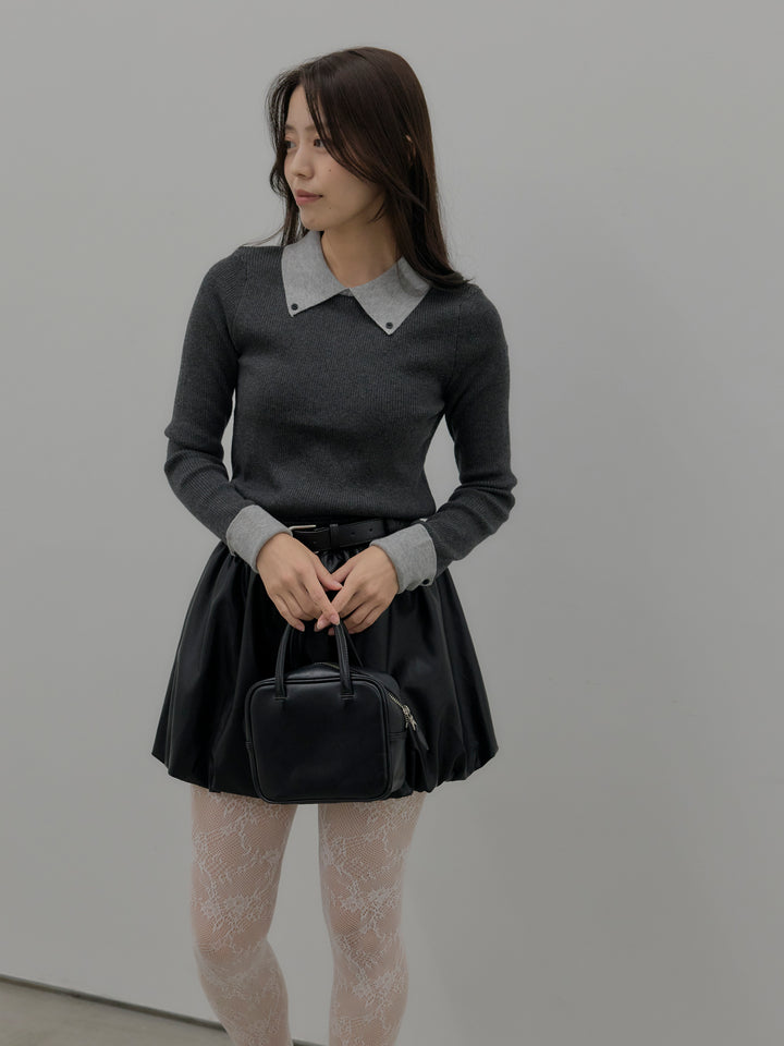 【SET】配色カフスニットポロ+ソフトレザーバルーンミニスカート(2set)