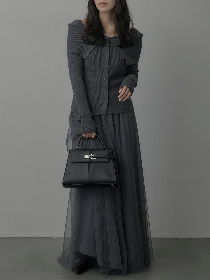 【SET】オフショルライクリブニットトップス+ボリュームチュールスカート(2set)