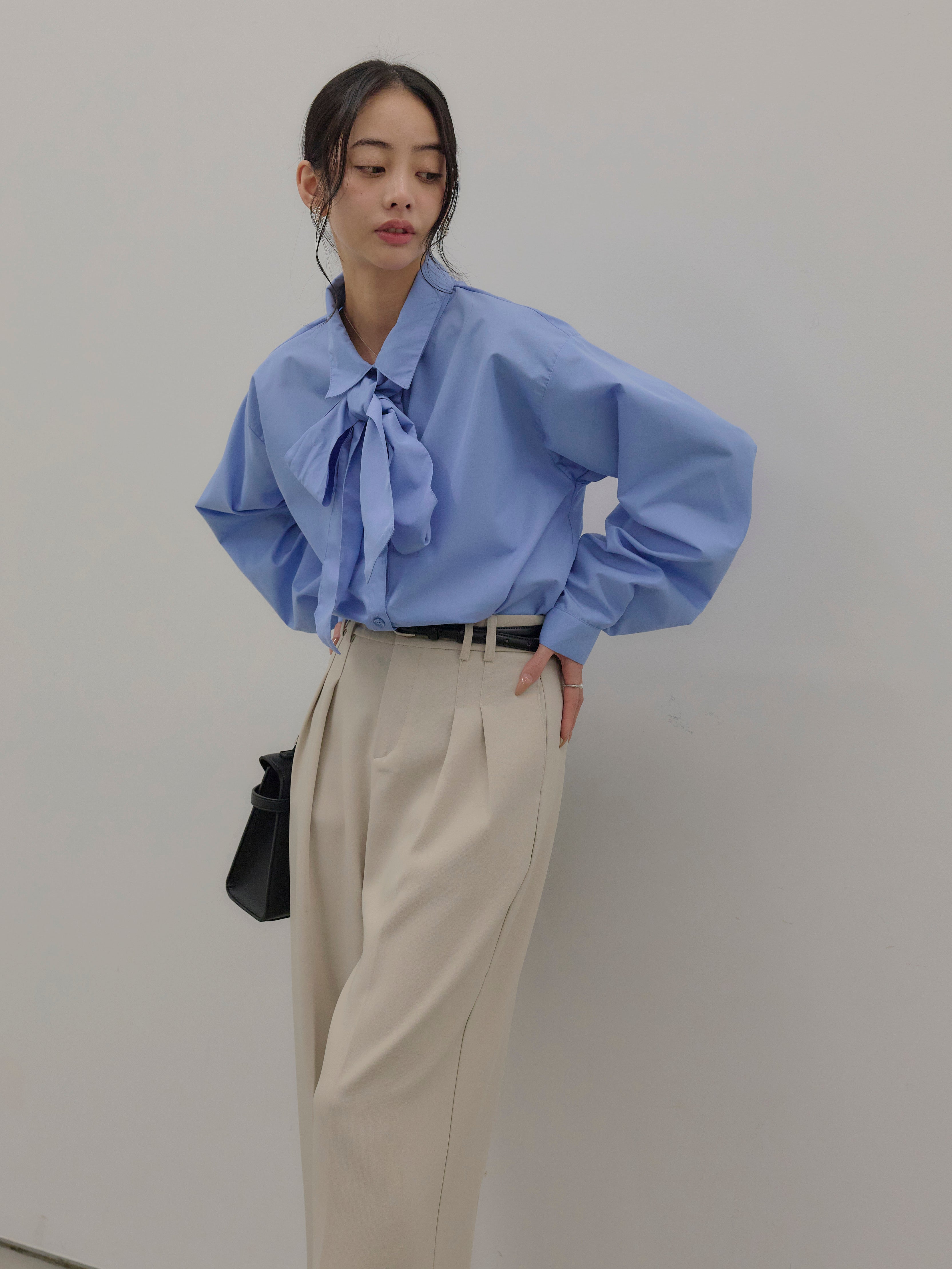 SET】ボウタイリボンシャツ+ハイウエストセンタープレスワイドパンツ