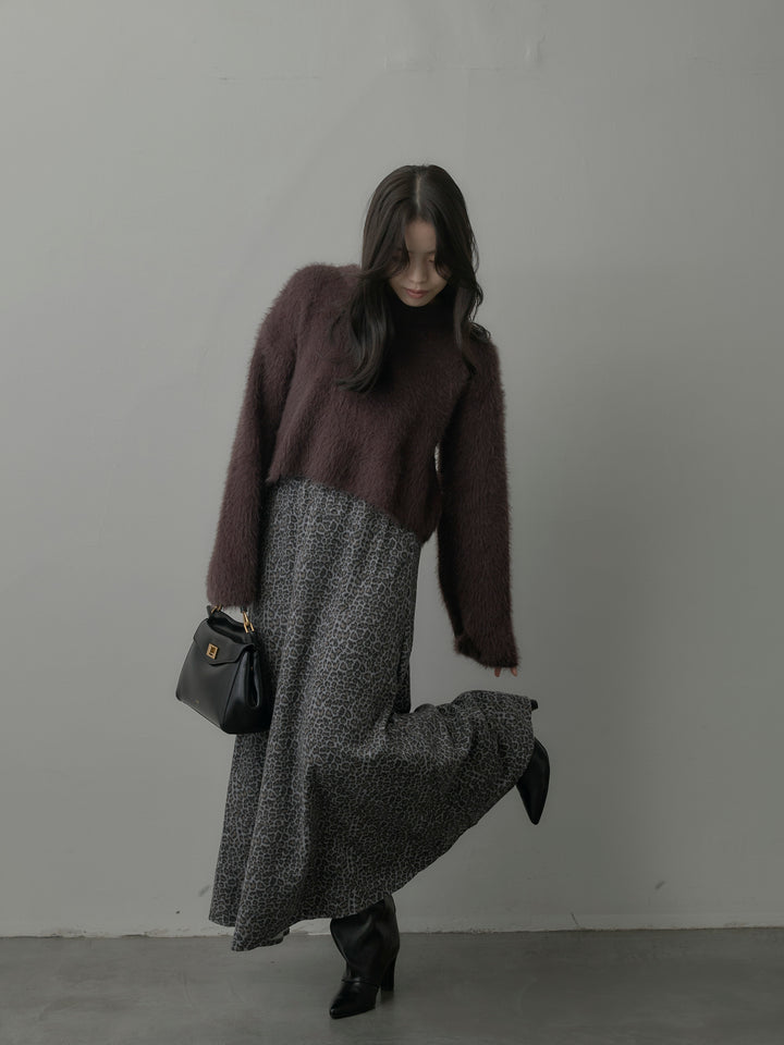 【SET】クロップドシャギーニットトップス+レオパードウールタッチフレアスカート(2set)