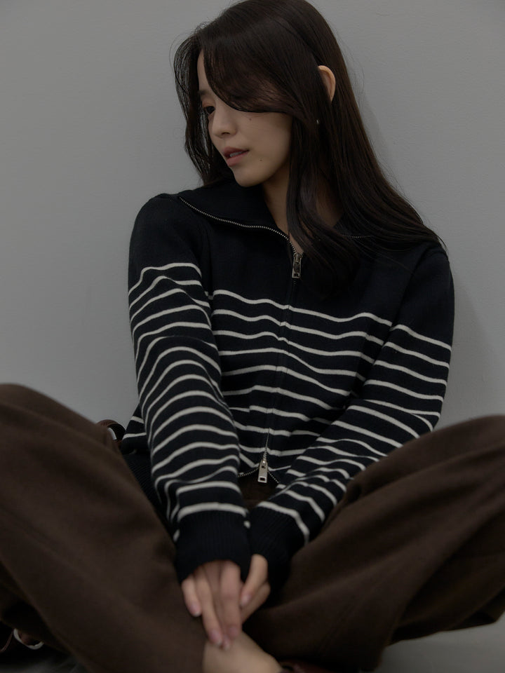 ダブルZIPハイネックボーダーニットトップス