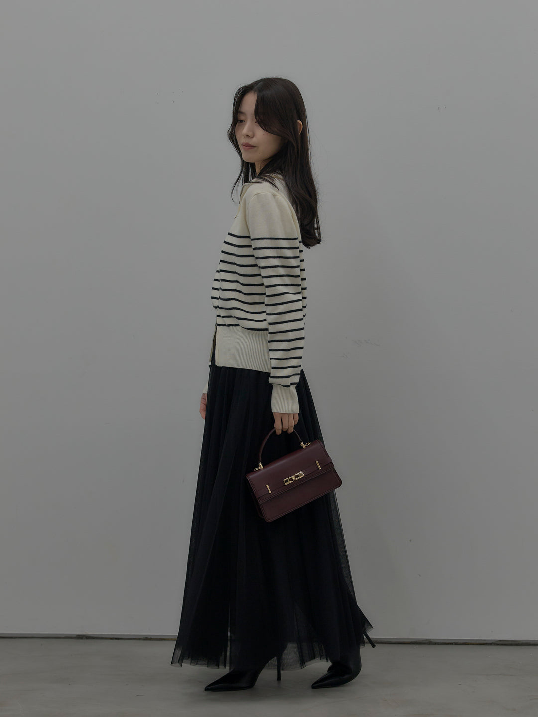 【SET】ダブルZIPハイネックボーダーニットトップス+ボリュームチュールスカート(2set)