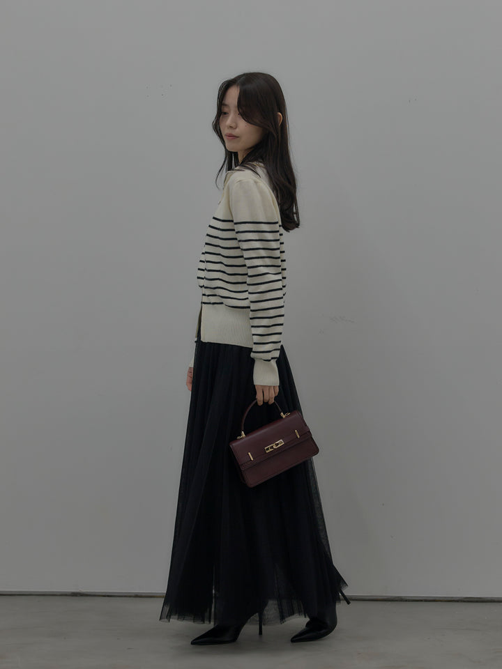 【SET】ダブルZIPハイネックボーダーニットトップス+ボリュームチュールスカート(2set)