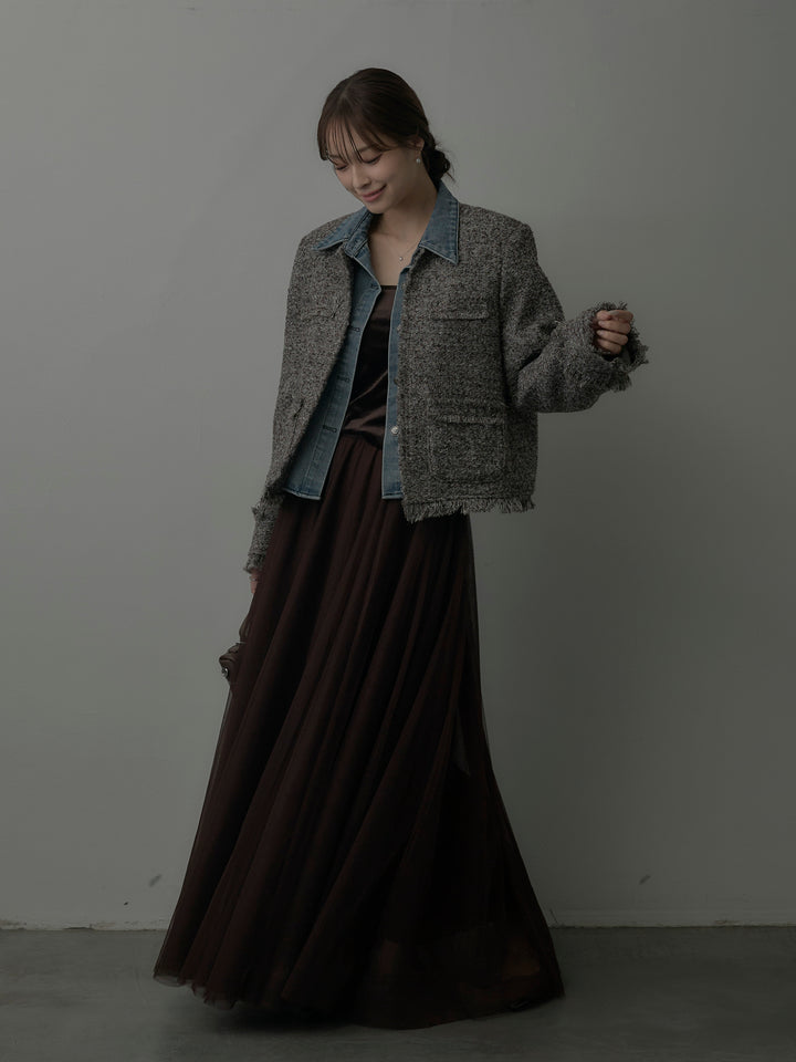 【SET】デニムドッキングオーバーサイズツイードジャケット+ボリュームチュールスカート(2set)