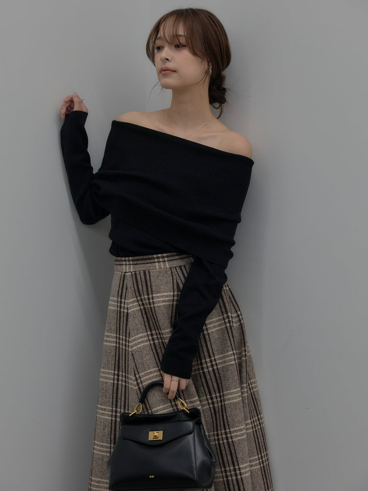 【SET】【premium touch】ソフトリブオフショルニットトップス+【Essential】クラシカルチェックウールタッチスカート(2set)