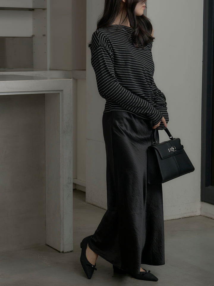 【SET】2wayショルダーボーダートップス+ナローAラインサテンスカート(2set)