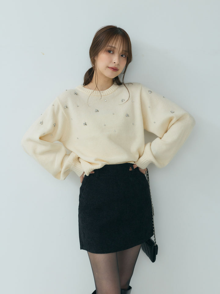 【SET】ビジューニットトップス+ベロアミニスカート(2set)