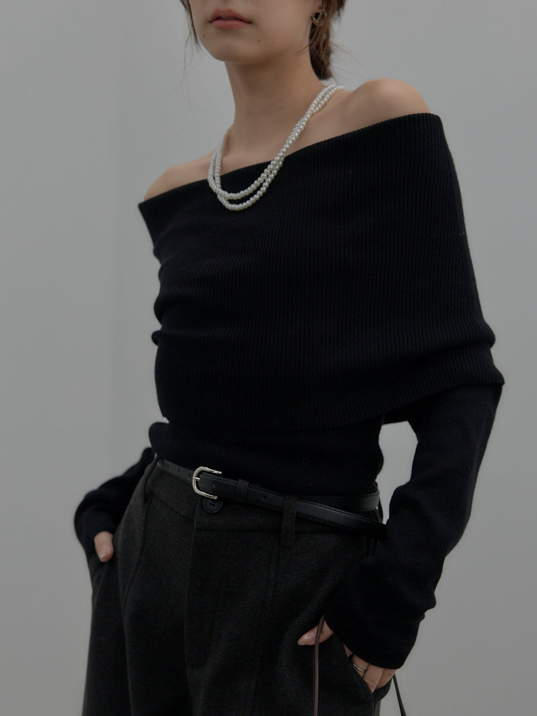 【SET】【premium touch】ソフトリブオフショルニットトップス+カーブデザインスウェットライクパンツ(2set)