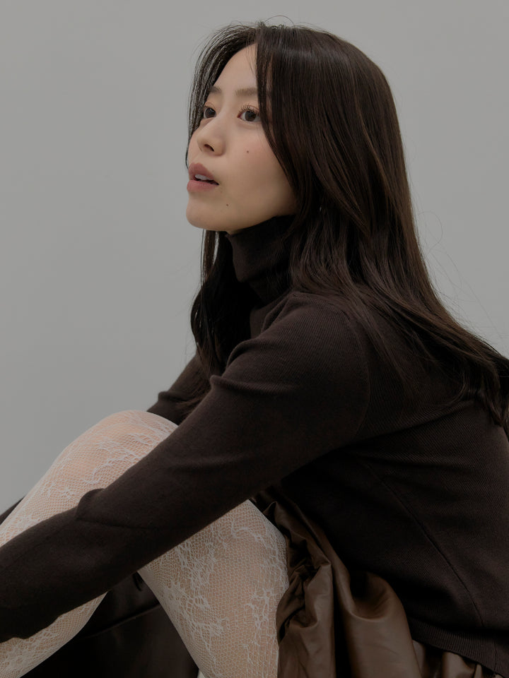 【SET】ベーシックリブタートルネック+ソフトレザーバルーンミニスカート(2set)