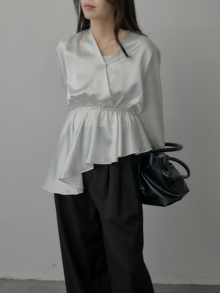 【SET】Vネックアシメサテンブラウス+【Essential】３タックスラックス(2set)