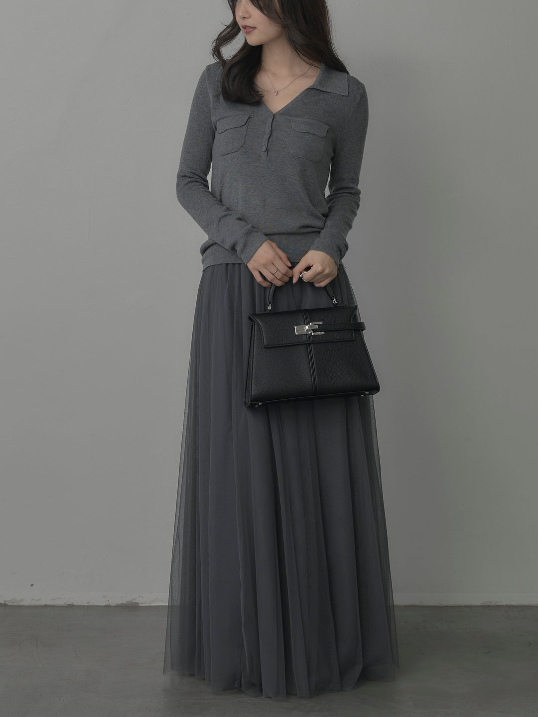 【SET】ポケットデザインリブニットトップス+ボリュームチュールスカート(2set)