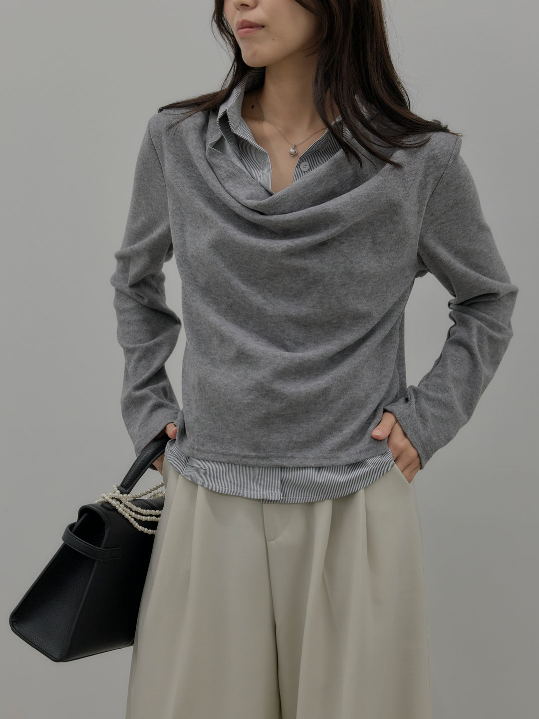 シャツレイヤードドレープニットトップス