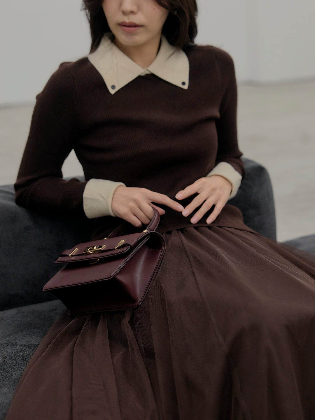 【SET】配色カフスニットポロ+ボリュームチュールスカート(2set)