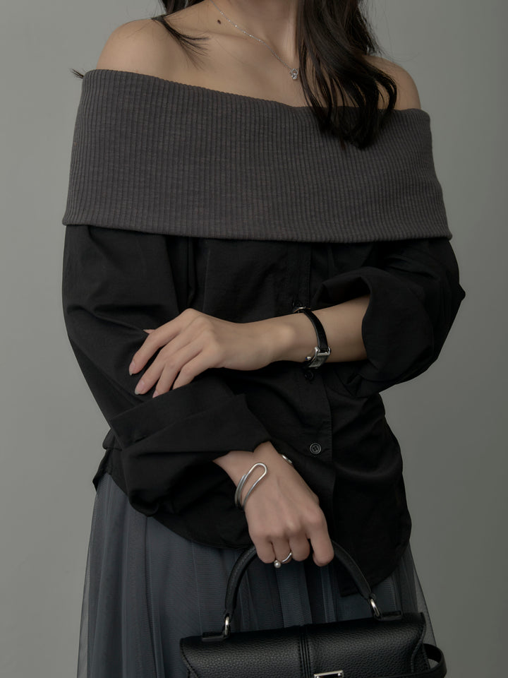 【SET】ニットシャツドッキングオフショルトップス+ボリュームチュールスカート(2set)