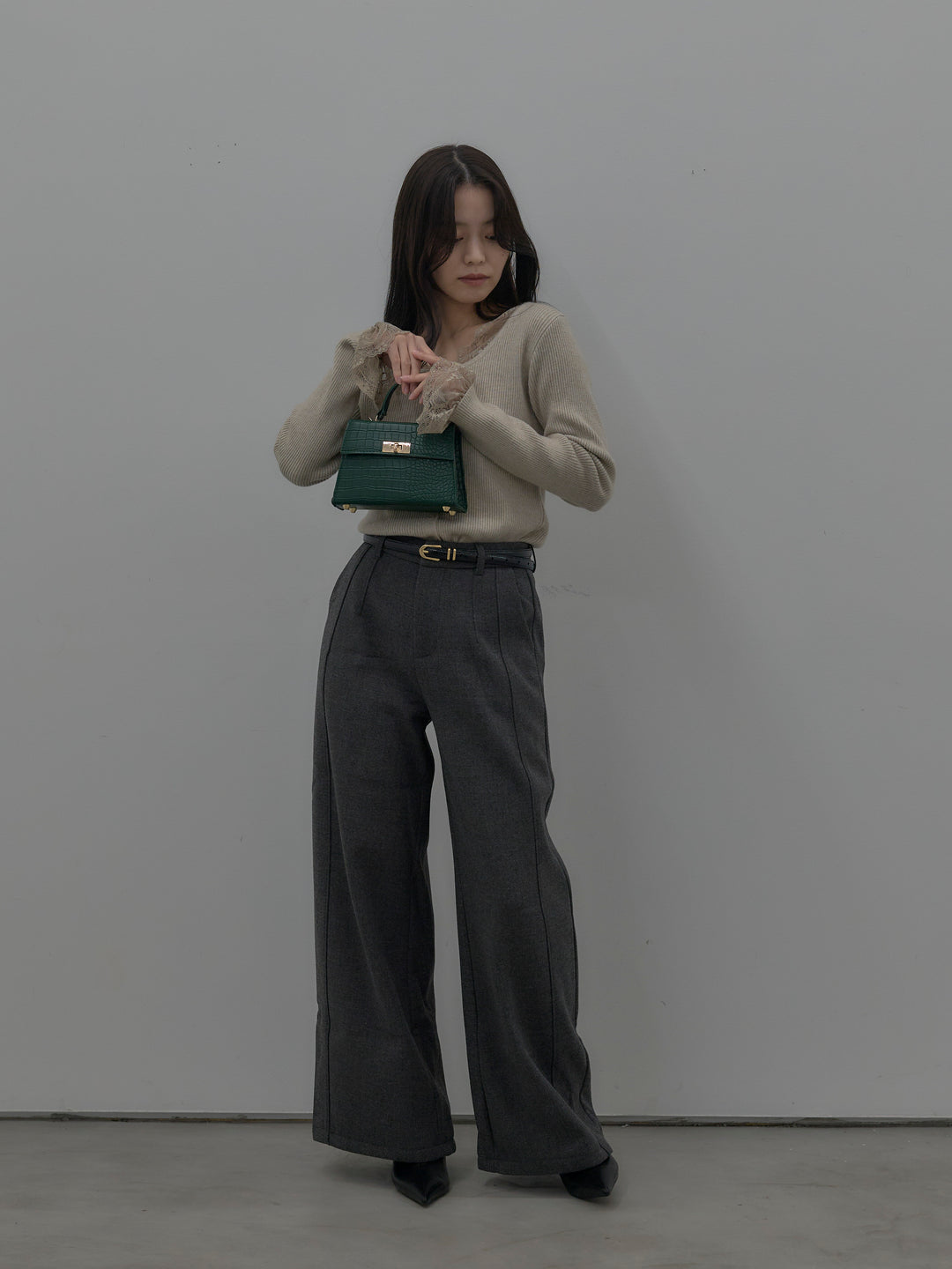 【SET】レースドッキングリブニットトップス+裏起毛デザインワイドパンツ(2set)