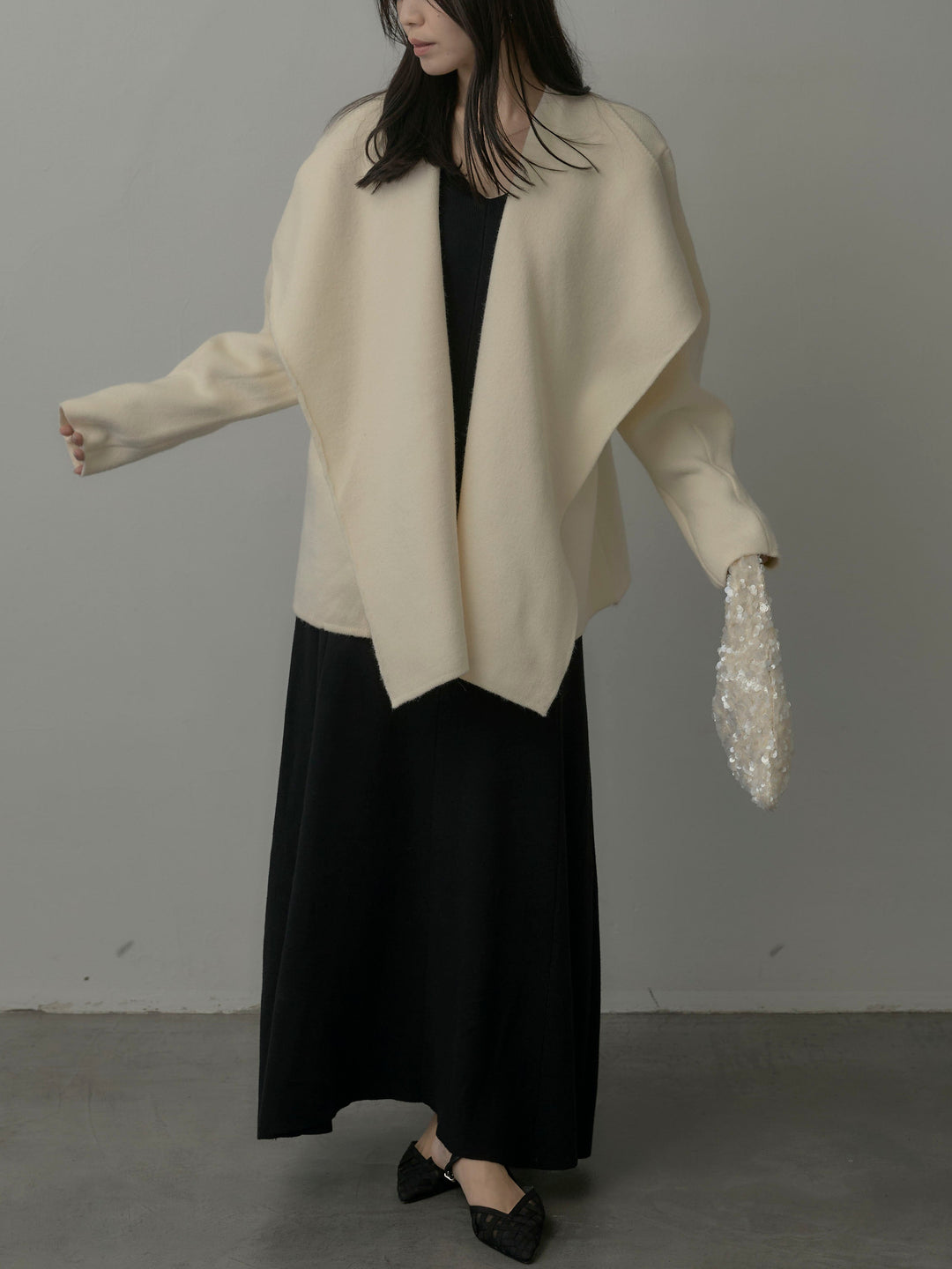 【SET】ショールカラーニットカーディガン+Vネックニットロングワンピース(2set)