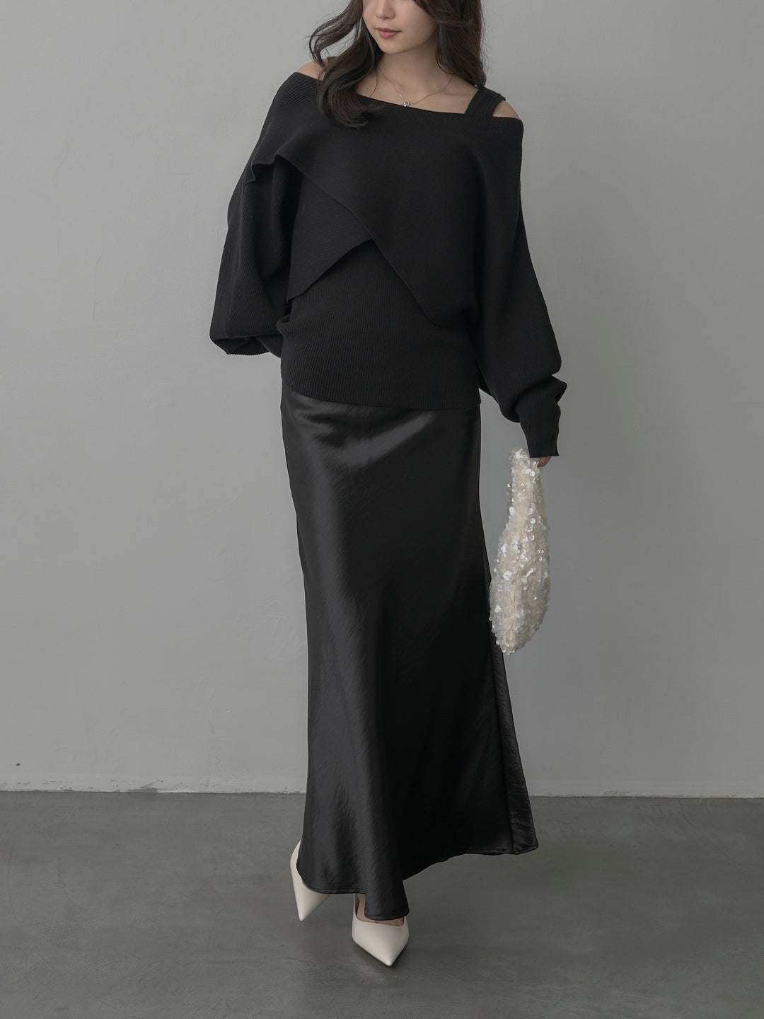 【SET】タンク付きクロスデザインニットプルオーバー+ナローAラインサテンスカート(2set)