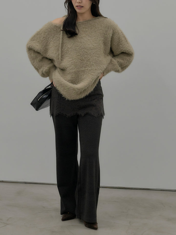 【SET】ネックリボンワンショルダーシャギーニット+レースレイヤードセミフレアパンツ(2set)