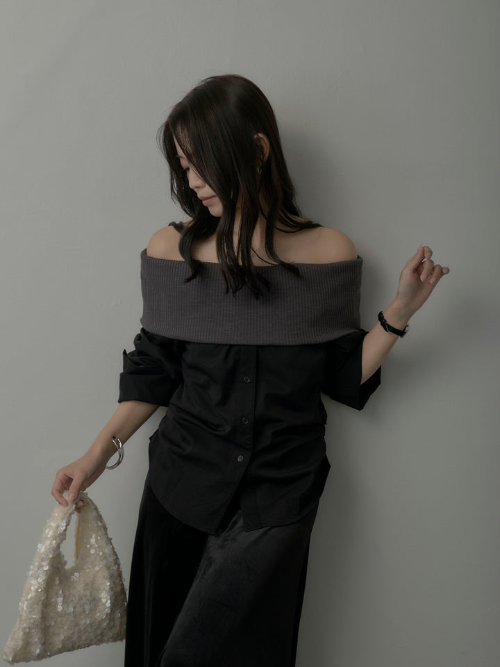 ニットシャツドッキングオフショルトップス