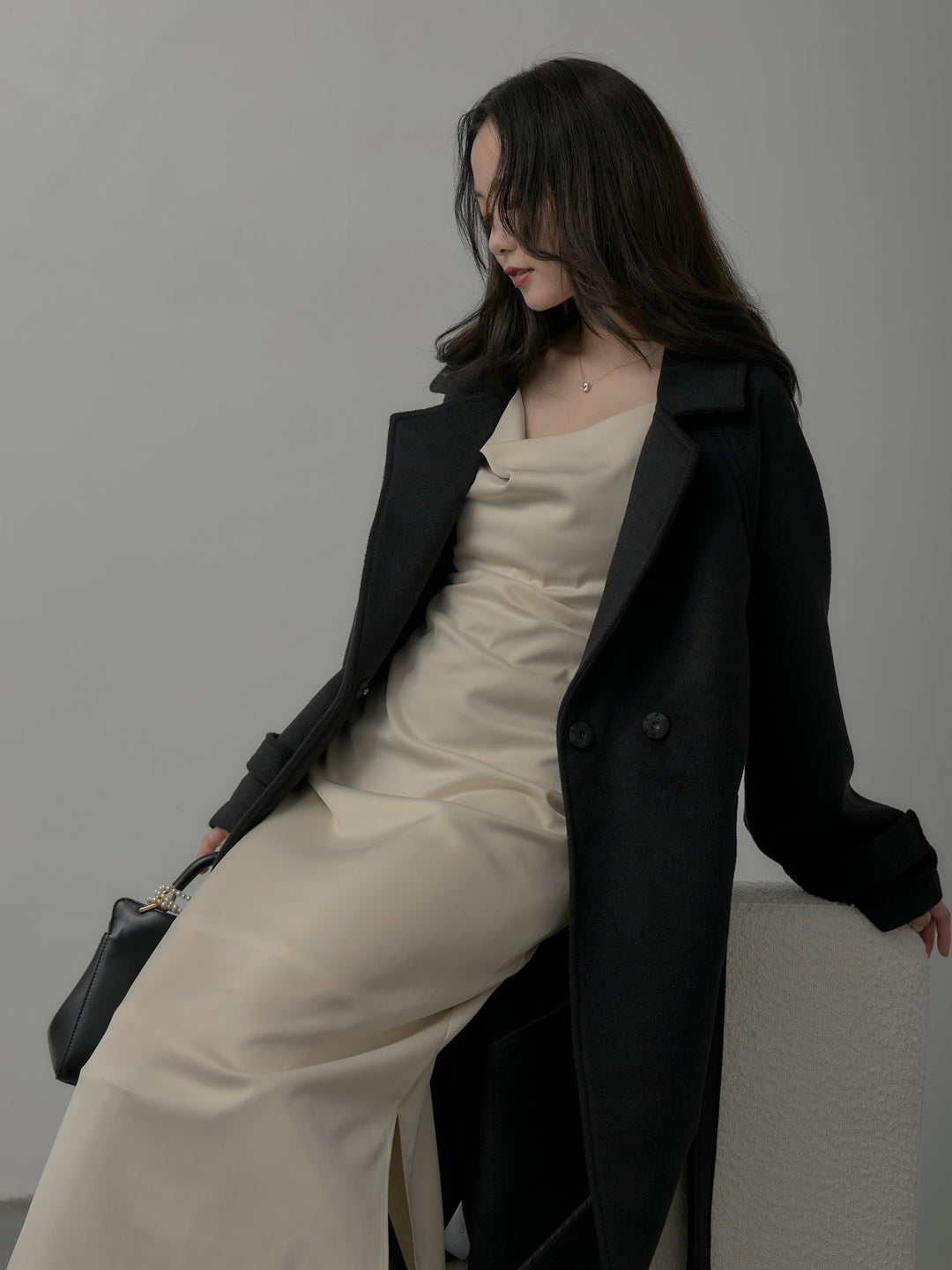 【SET】【Essential】ソフトウールリバートレンチコート+【Essential】サテンドレープキャミワンピ(2set)