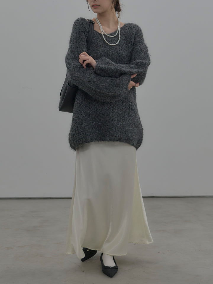 【SET】ラメ糸ローゲージ編みオーバーニットトップス+ナローAラインサテンスカート(2set)