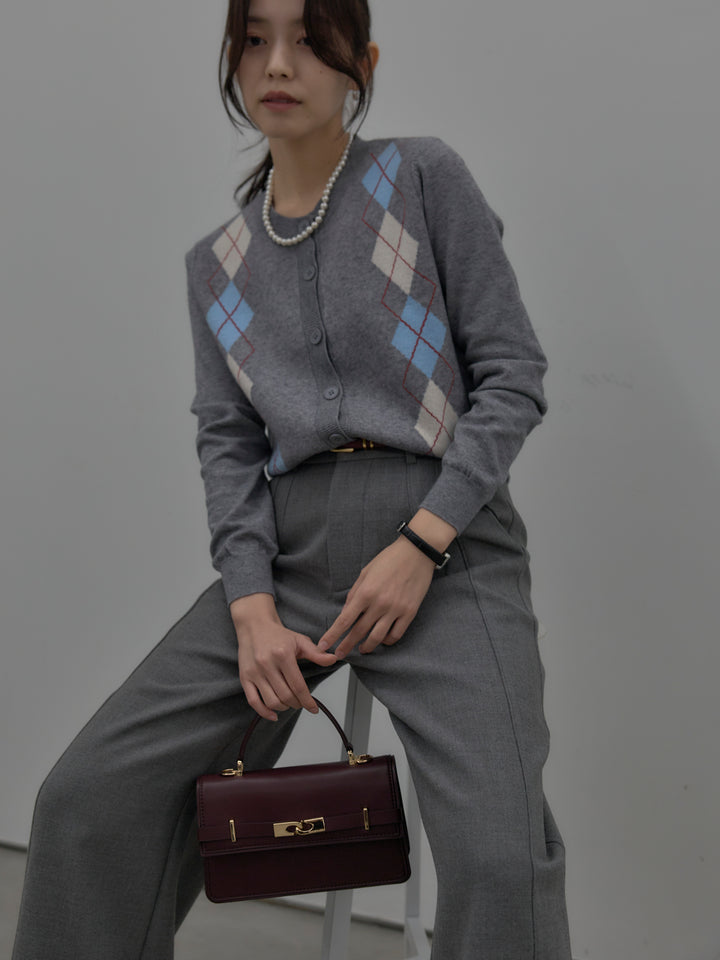 【SET】アーガイル柄ニットカーディガン+裏起毛デザインワイドパンツ(2set)