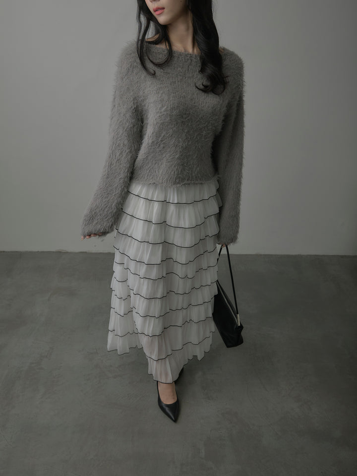 【SET】襟デザインシャギーニットトップス+バイカラーフリルチュールスカート(2set)