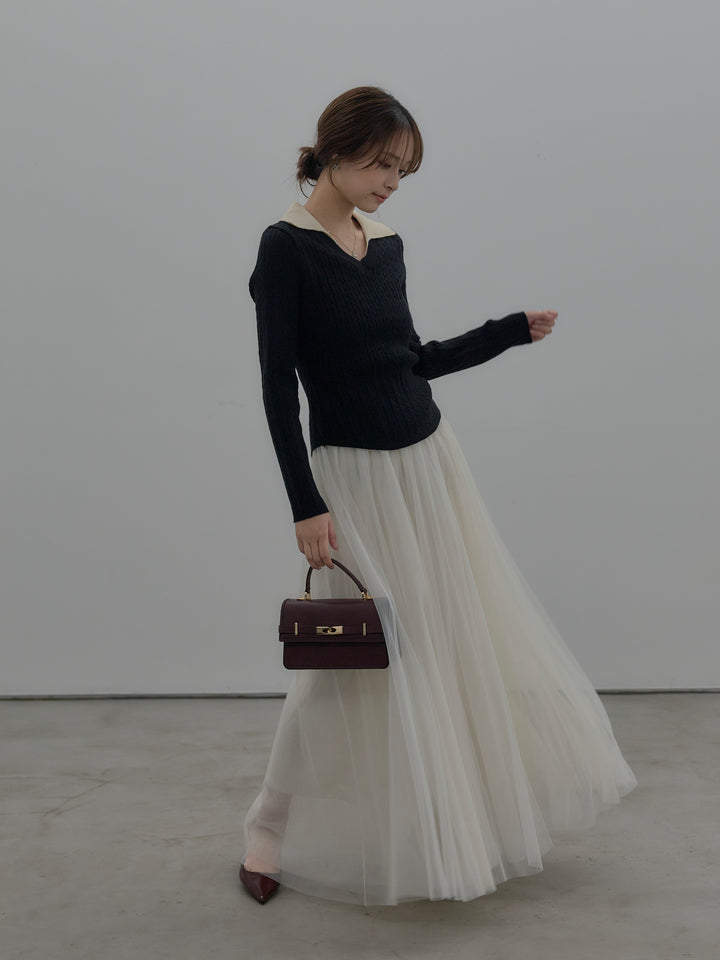 【SET】配色Vネックケーブルニットトップス+ボリュームチュールスカート(2set)