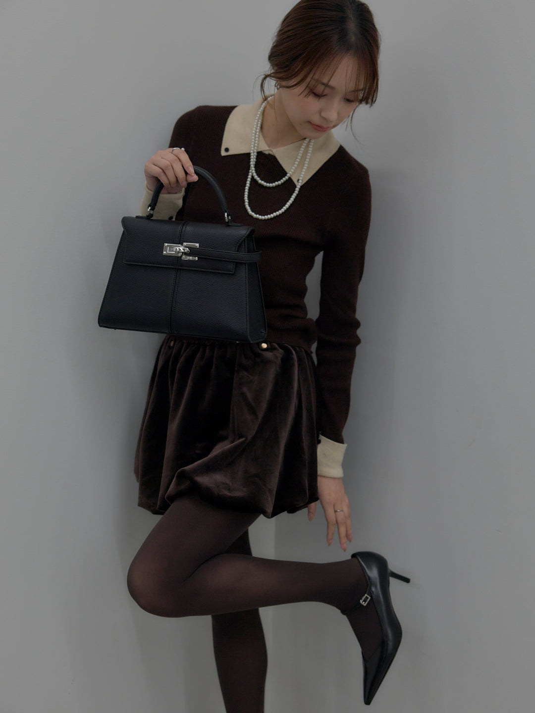 【SET】配色カフスニットポロ+ベロアバルーンミニスカート(インパン付き)(2set)