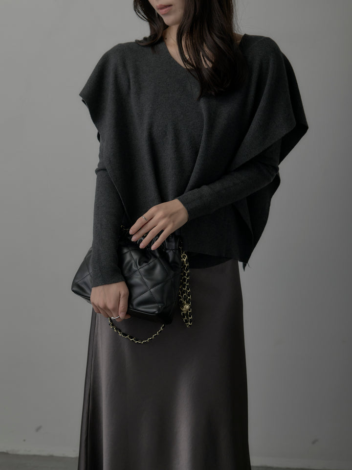 【SET】2wayリブニットポンチョトップス+ヘビーサテンAラインスカート(2set)