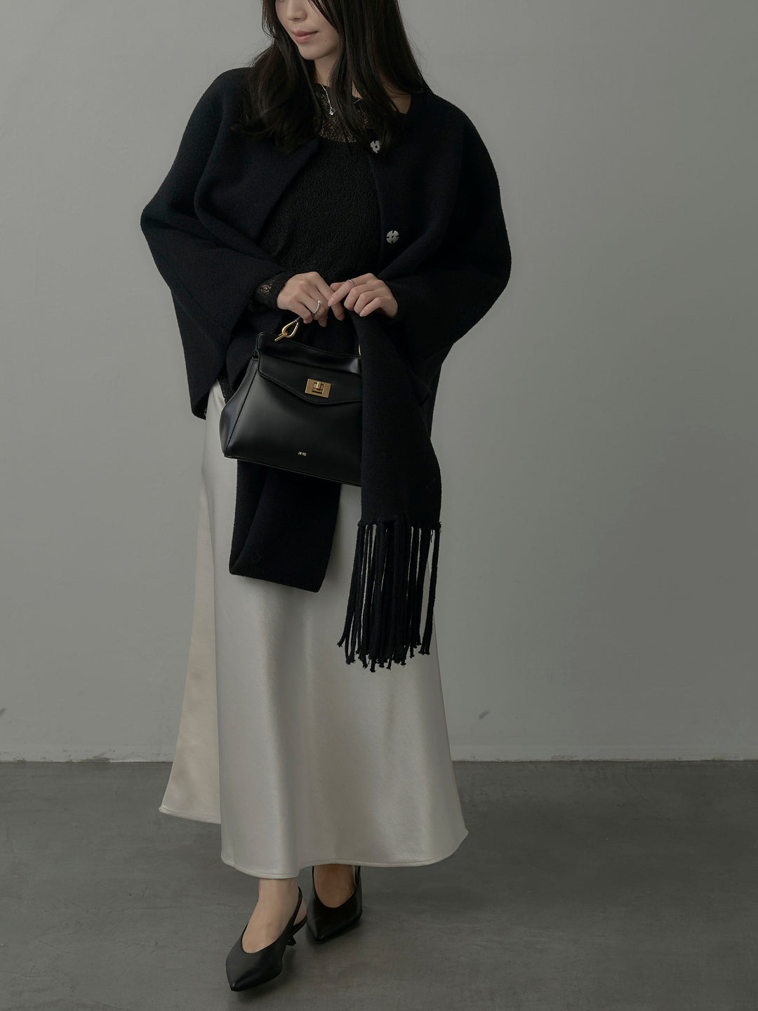 【SET】マフラー付き2WAYケープコート+【インナー付き】シアーレーストップス+ヘビーサテンAラインスカート(3set)