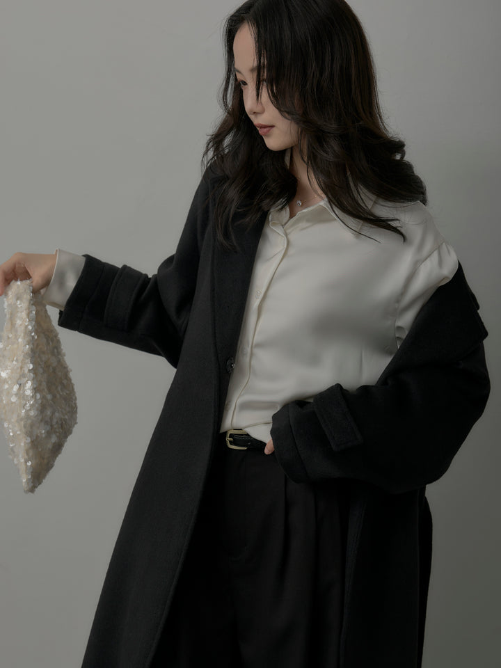 【SET】【Essential】ソフトウールリバートレンチコート+ケープ付きオーバーサテンシャツ+【Essential】３タックスラックス(3set)