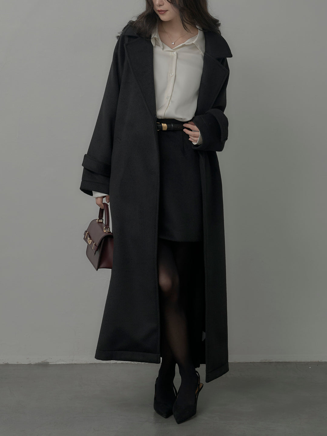 【SET】【Essential】ソフトウールリバートレンチコート+ケープ付きオーバーサテンシャツ+【Essential】ウールタッチミニスカート(3set)