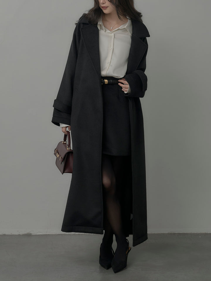 【SET】【Essential】ソフトウールリバートレンチコート+ケープ付きオーバーサテンシャツ+【Essential】ウールタッチミニスカート(3set)