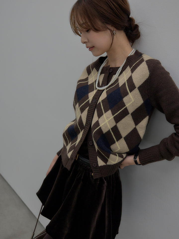 アーガイル柄コンパクトニットカーディガン