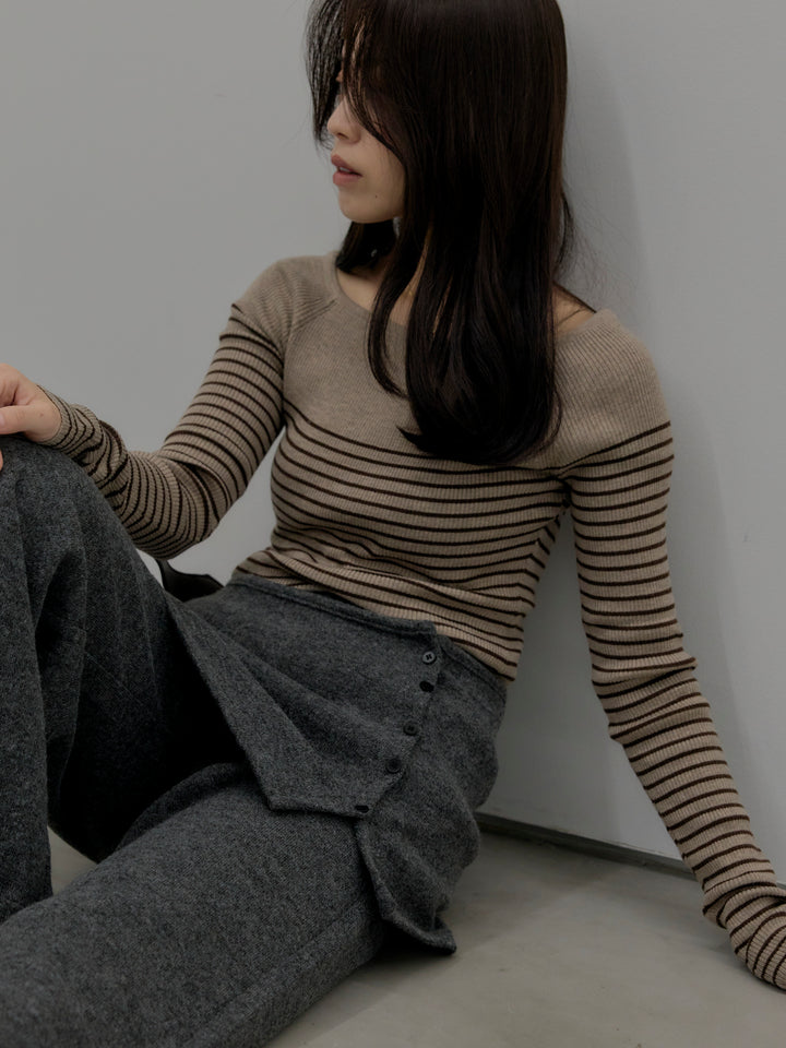 【SET】ハーフボーダーニットトップス+ミックスヤーンニットラップパンツ(2set)