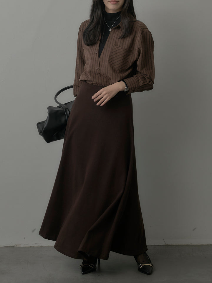 【SET】スエードタッチドッキングデザインストライプシャツ+リラクシーフレアロングスカート(2set)