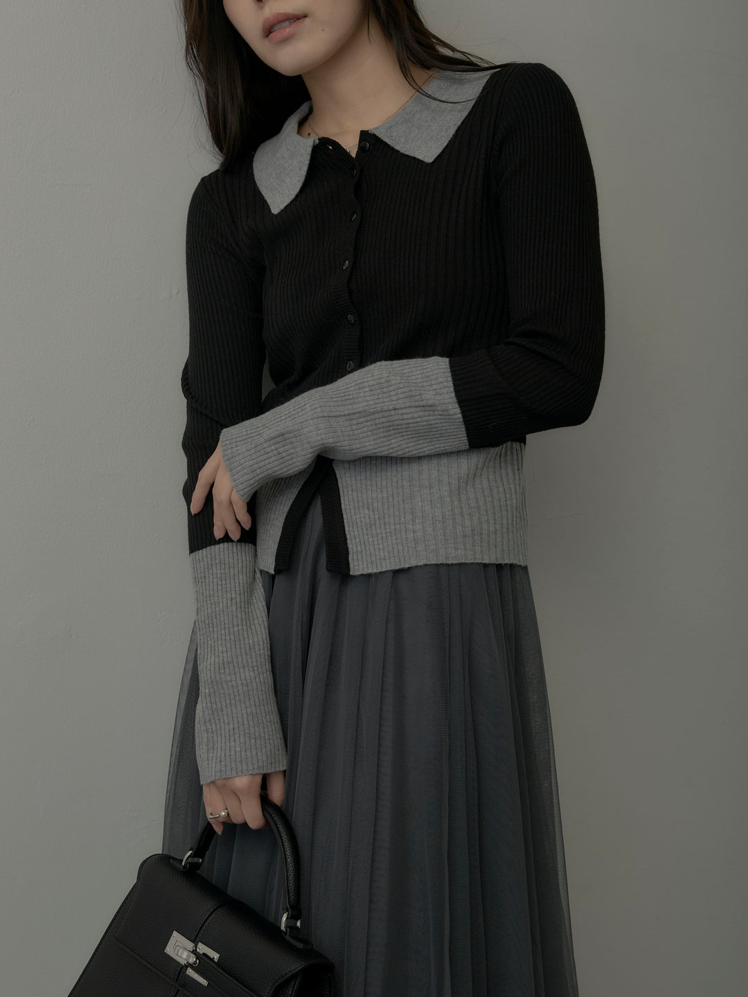 バイカラーリブニットポロトップス