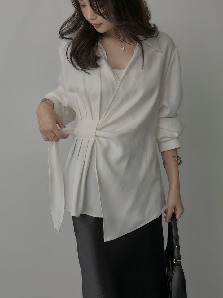 【SET】フロントラップデザインシャツ+ナローAラインサテンスカート(2set)